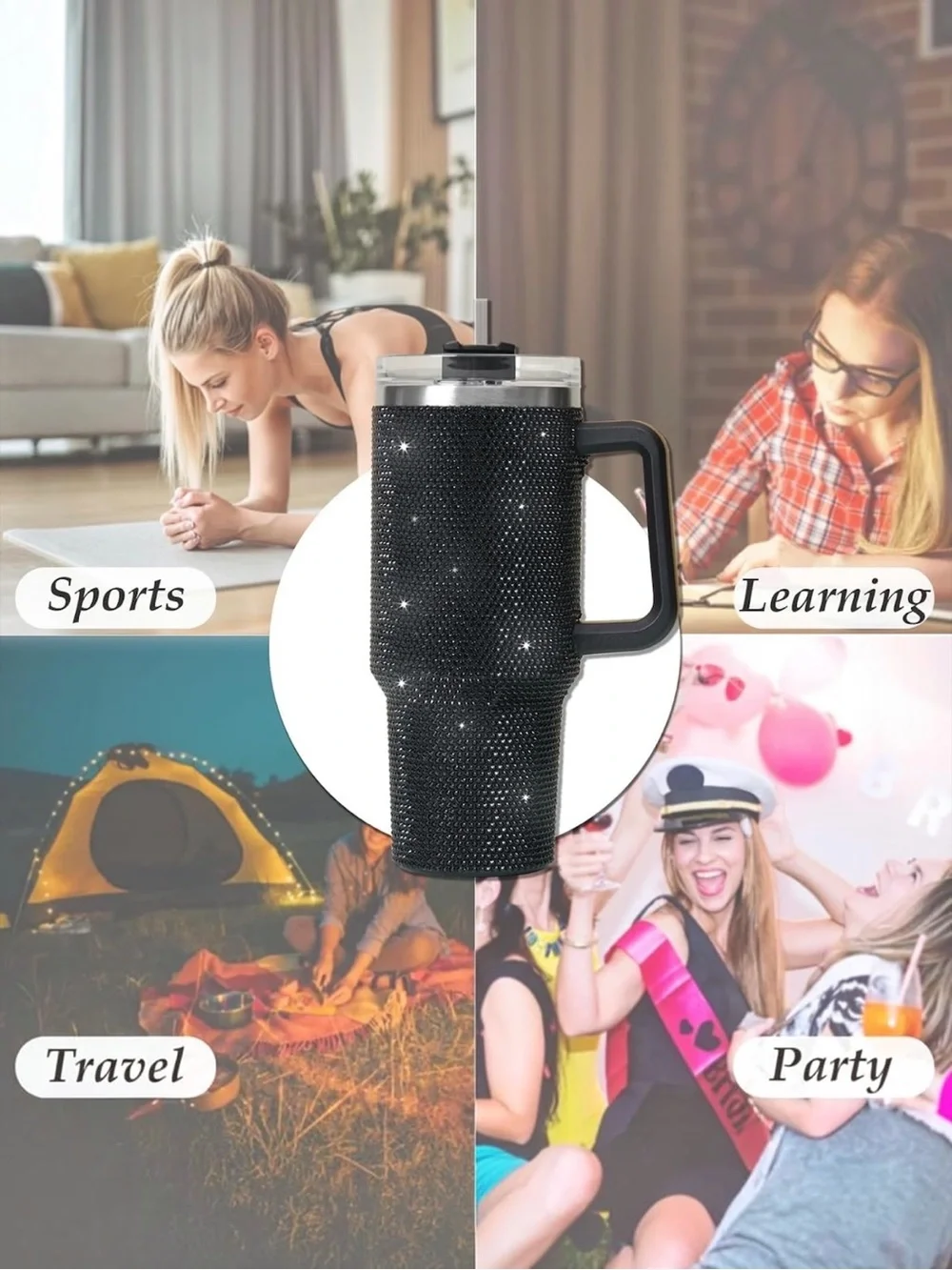 Black Rhinestone Bling Travel Tumbler Spill-Proof Lid Straw Handle 40 ounces NIB